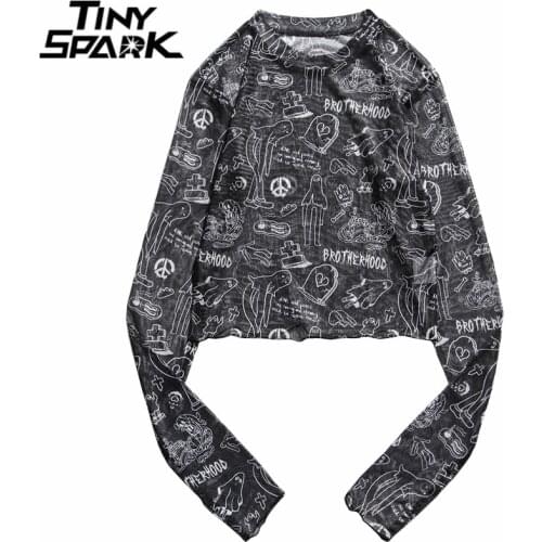 2021 Women Perspective Mesh T-Shirt Hip Hop Streetwear Painting Ghost Bone Letter Fishnet T Shirt Harajuku Long Sleeve Tshirt