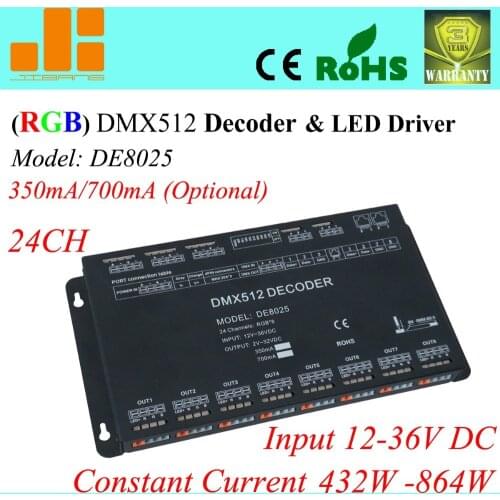 Free Shipping 24 Channels DMX Driver, Constant Current 350mA / 700mA opt. , 12V-36V RGB Controller DE8025