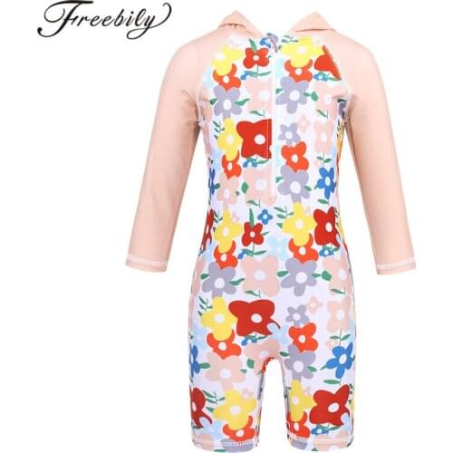Infant Baby Girls One-piece Swimsuit Long Sleeves Flower Pattern Printed Hooded Rash Guard Kids Toddler Swimwear Bathing Suit