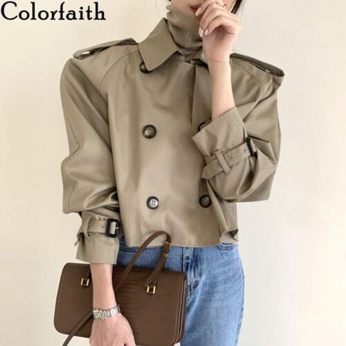 Colorfaith New 2020 Autumn Winter Womens Windbreaker Streetwear Buttons Cargo Vintage Oversize Wild Short Trench Tops JK1355