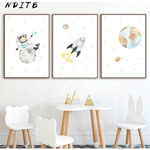 Nursery Cartoon Canvas Poster Space Astronaut Adventure Art Print Painting Kawaii Wall Picture Nordic Kids Baby Bedroom Decor