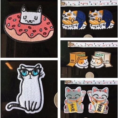Fine Lucky Sweet Cat Patches Cheese Cat Appliques Iron Sew On Badges Boxes Animal Embroidered Patches For Clothes Stripe Decor