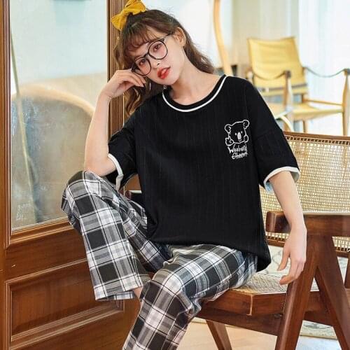 Pajamas Set New Short Sleeve Long Pants Night Wear Suit 2Pcs Womens Sleepwear Cartoon Cute Home Clothes Girl Nightgowns Outfits