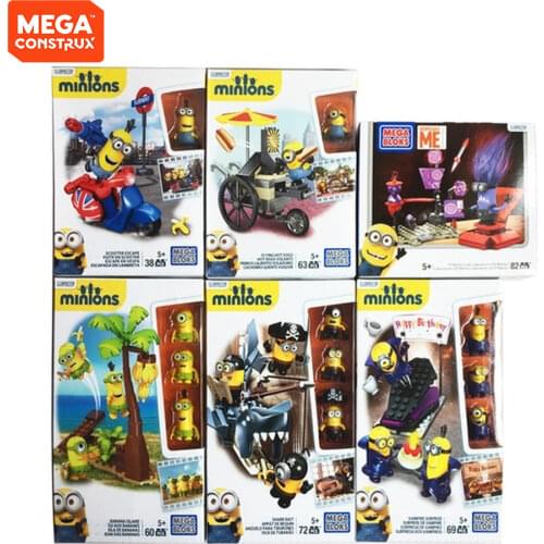 MEGA BLOKS Minions Building Blocks Fire Brigade Pack Mobile Hot Dog Stand Al Mengzios Laboratory Beach Day Toys for Kids Gift