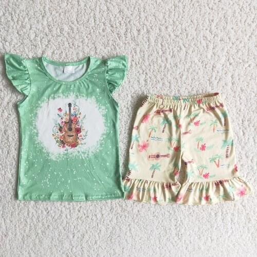 Hot Sell Girls Summer Flutter Sleeve Top And Ruffle Shorts Set Kids O-neck Flowers Pattern Outfits