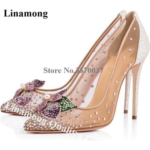 Linamong Brand Transparent Mesh Rhinestone Stiletto Heel Pumps Pink Flowers Glitter Sequined Crystal High Heels Wedding Shoes