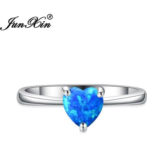 Cute Small Heart Ring Blue White Fire Opal Rings For Women Dainty Stacking Wedding Thin Ring Band Valentine Day Jewelry