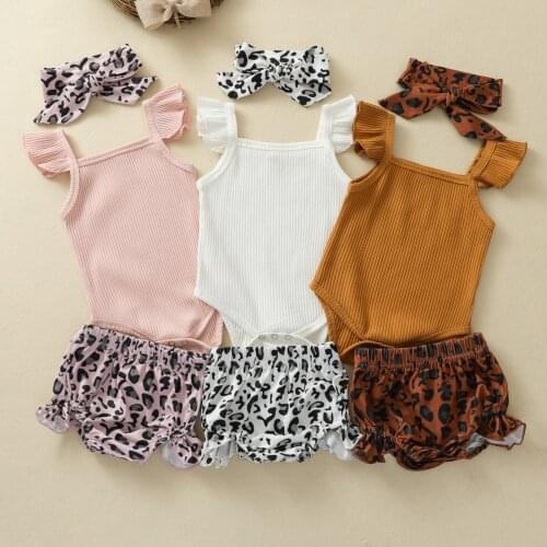 Fashion Summer Newborn Toddler Baby Girls Clothes Sets Solid Sleeveless Romper Tops Leopard Shorts Headband 3pcs Outfit Set