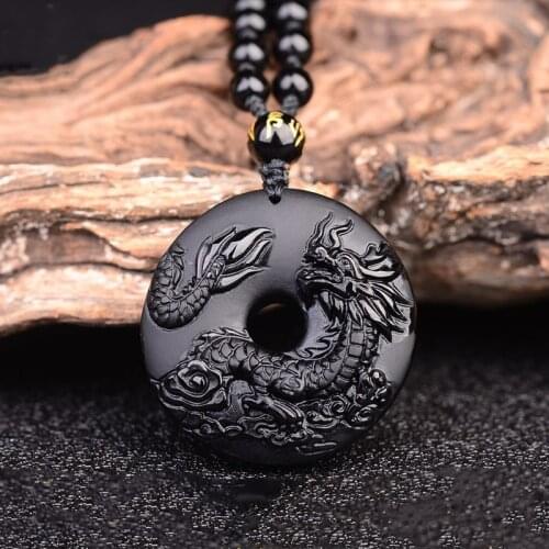 Jadery Natural Black Elegant Obsidian Carved Dragon Chakra Pendant Necklace Beads Chain for Lucky Prayer Gems Necklace Men Women