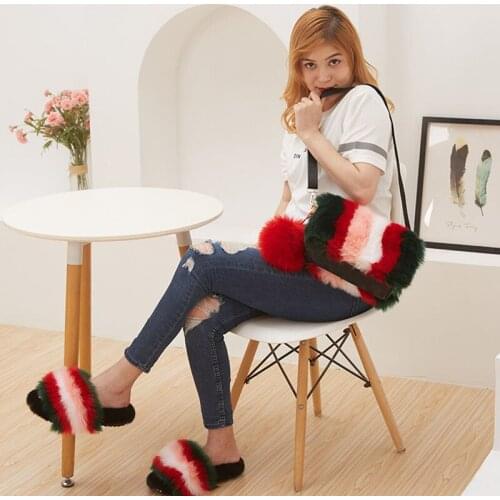 New Women Imitation Fur Rainbow Cross Body Bag Set Girls Plush Faux Fur Handbag Warm Furry Slippers Ladies Home Flat Slides Hot