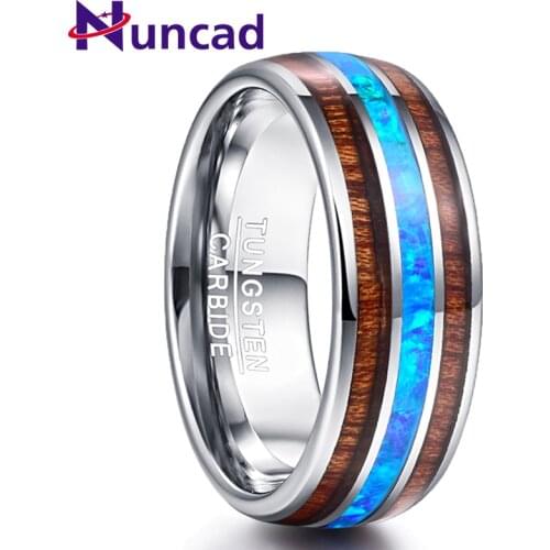 Nuncad 8mm 100% Tungsten Carbide Opal Rings Elegant Male Dome Acacia Koa Wood Rings For Men Wedding Bands Jewelry Lovers Gift
