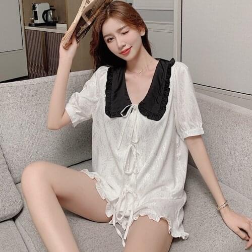 Summer Ice Silk Short-sleeved Shorts Pajamas for Women French Lapel Advanced Sense Home Clothing Solid Satin Two Piece Set 2021