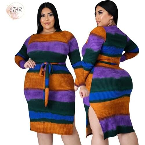 Plus Size Dress for Women Spring Clothes 2201 Super Stretchy Lace Up Slip Hem Striped Knit Midi Dresses Wholesale Dropshipping