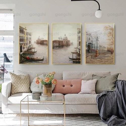 Retro European Canvas Painting Nordic Port Landscape Living Room Bookstore Canvas Painting Art Wall Decoration Printing Poster