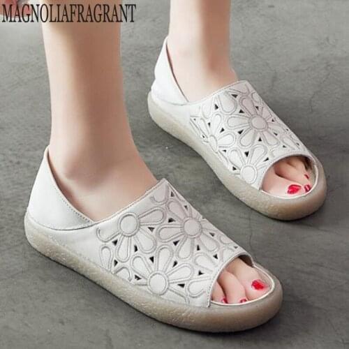 Handmade Genuine Leather Summer Shoes Women Flats Soft Sole Breathable Hollow Out Elegant Loafers Shoes Women mocassin femme c83