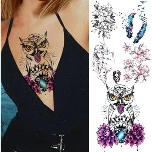 Sexy Owl Diamond Temporary Tattoos For Women Lady Realistic Feather Dahlia Fox Rose Fake Tattoo Sticker 3D Disposable Tattos Art