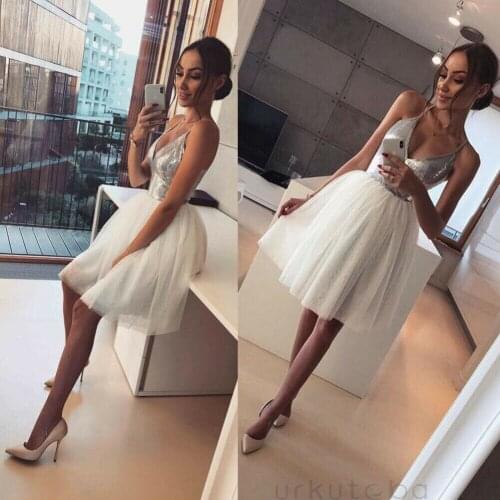 Sexy Womens Dress Deep V Neck Sequins Lace Elegant Bridesmaids Evening Party Mini Tutu Tulle Dress Female Clothes