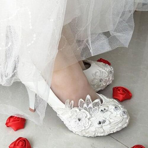 Plus size 41 42 wedding shoes woman platforms round toes lace flower bridal ladies wedding party pumps shoes in stock