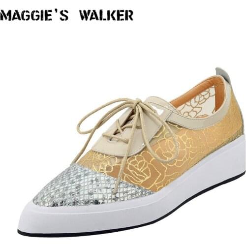 Maggies Walker Women Pointed-toe Casual Breathable Summer Mesh Shoes Genuine Leather Lacing Height-increasing Shoes Size 35~40