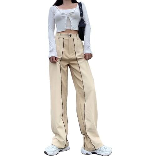 Ladies Straight Pants Contrasting Color Stitching High Waist Pants Striped Party Prom Loose Wide Leg Casual Straight Long Jeans