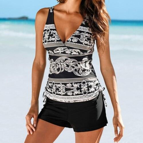 Womens Tuck In Swimsuit Vest Vintage Printed Swimsuit And Boxer Pant Plus Size Two Piece Swimsuit