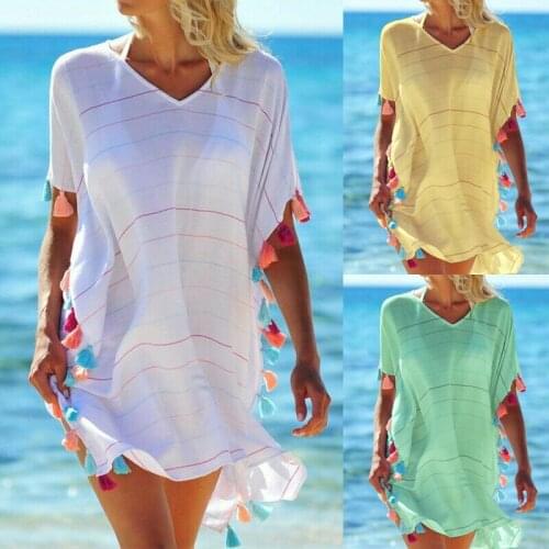 Women Dress Summer Ladies V Neck Swimming Tops Tassel Striped Bikini Cover Up Swimwear Solid Color Beach Dress