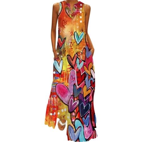Tie Dye Heart Butterfly Print Dress Woman Summer Vintage Sleevless V Neck Long Dresses With Pockets Plus Size Sundress Vestidos