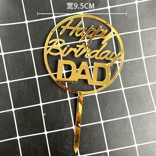 Gold Happy Birthday Dad Acrylic Cake Topper Mom Birthday Cupcake Topper Flags for Daddy Mummy Birthday Party Cake Decorations