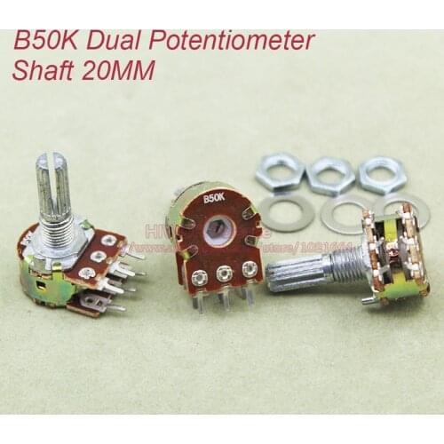 10pcs/lot) B50K 50K OHM 50KOhm WH148 Linear Dual Rotary Potentiometer Pots Shaft 20MM With Nuts And Shim