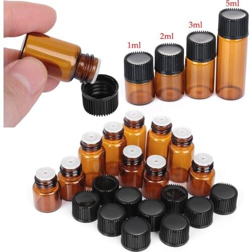 10PCS 1/2/3/5ml Mini Essential Oil Bottle Jar Orifice Brown Reducer & Cap Refillable Bottles Glass Vials Cosmetic Containers