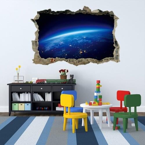 3D Broken Wall Starry Sky Planet Wall Stickers Living Room Bedroom Childrens Room Decoration Stickers Home Wallpaper Mural
