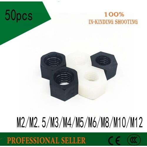 50pcs M2 M2.5 M3 M4 M5 M6 M8 M10 M12 DIN934 black or white Nylon hex nut plastic hexagon Nylon nuts