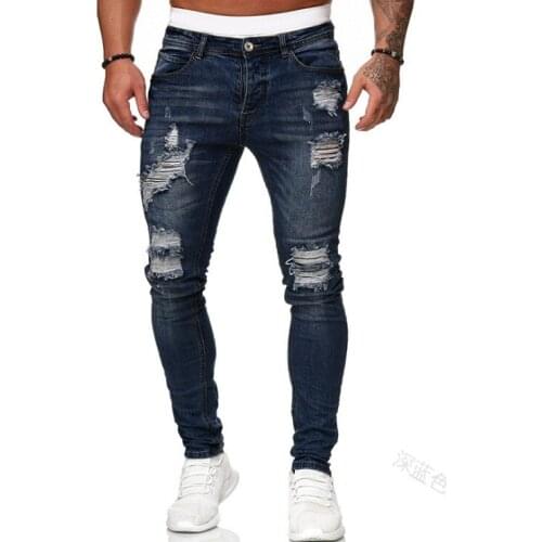 Male Ripped Skinny Trousers Slim Biker Outwears Pants Adisputent Mens Sweatpants Sexy Hole Jeans Pants Casual Summer Autumn