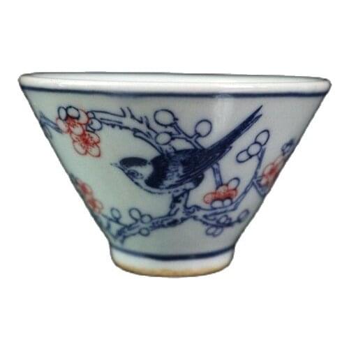 China Old Porcelain A Pair Of Blue And White Underglaze Red Flower And Bird Pattern Tea Cups