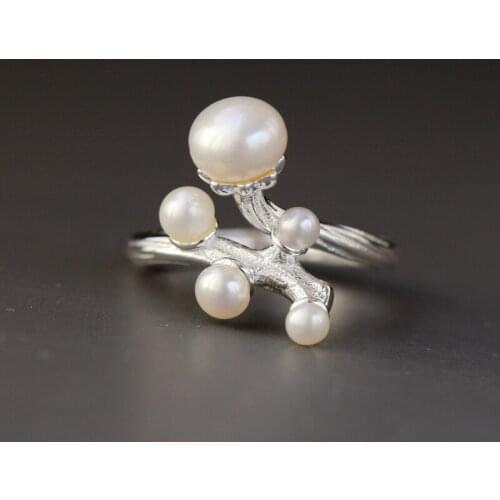 Handmade Creative Female Trendy Natural Freshwater Pearl Personality Irregular 925 Sterling Silver Opening Adjustable Ring