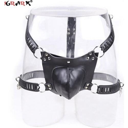 Leather Male Chastity Belt Waist Penis Harness Panties Restraint Bondage Lock Cock Cage Adult SM Slave Sex Game Toy for Men Gay