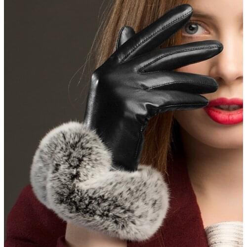 Fashion Black Women Genuine Leather Gloves Sheepskin Glove Wrist Rabbit Hair Thermal Winter Driving Gloves NW769-5