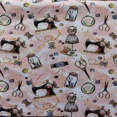 Cartoon Sewing Machine Scissors Buttons Needlework 100% Cotton Fabric for Girl Clothes Hometextile Cushion Cover Backpack DIY