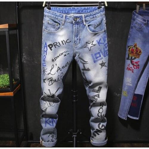 Mens Letter Print Design Slim Blue Jeans Fashion Painting Hip Hop Pants #A004