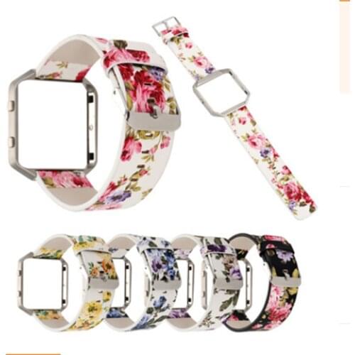 Soft PU Leather Floral Print Replacement Band Large Strap Wristband with Metal Frame for Fitbit Blaze