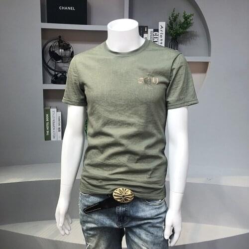2021 summer new style tencel linen green slim youth embroidery printing Korean round neck t-shirt short sleeves