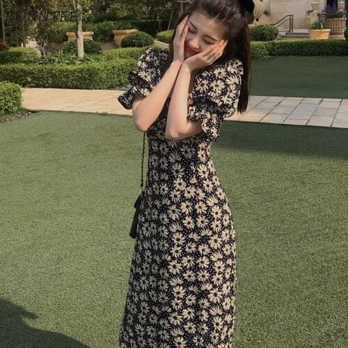 Sheath Dress Women Elegant French Retro Square Collar Summer Short Puff Sleeve Fashion Temperament Side-slit Leisure Print Chic