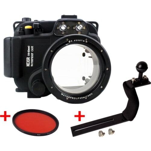 Underwater Waterproof Housing Diving Case Camera Bag for SONY NEX 5R 5T Nex-5R 5T fit 16-50mm lens with 67mm Red filter + Handle