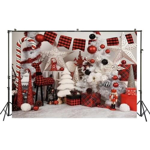 Christmas Backdrop Noel Pine Trees Red Black Plaid Xmas Party Banner Winter New Year Star Canes Portrait Backgrounds Studio Prop