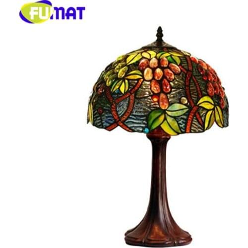 FUMAT Tiffany LED Table Lamps Retro Stained Glass Art Table Light Grape Color Glass Shade Desk Light American Bedside Table Lamp