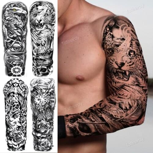 Tattoo sticker sleeve skull tiger forest lion king temporary tattoos for men full arm large tattoo black 3D robot black decal