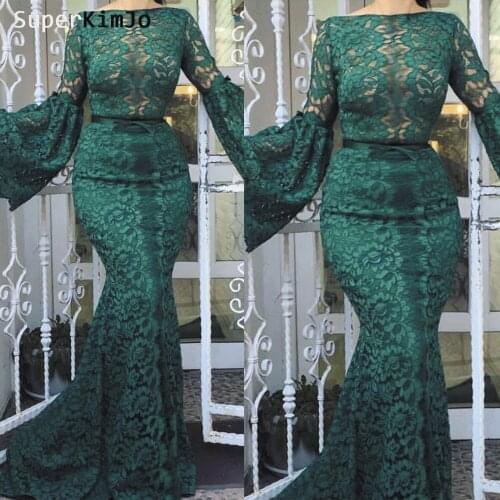 SuperKimJo Flare Sleeve Evening Dresses Long 2019 Hunter Green Mermaid Lace Applique Evening Gown Robe De Soiree