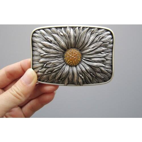 Jeansfriend Original Antique Silver Plated Rhinestones Blooming Daisy Bling Belt Buckle