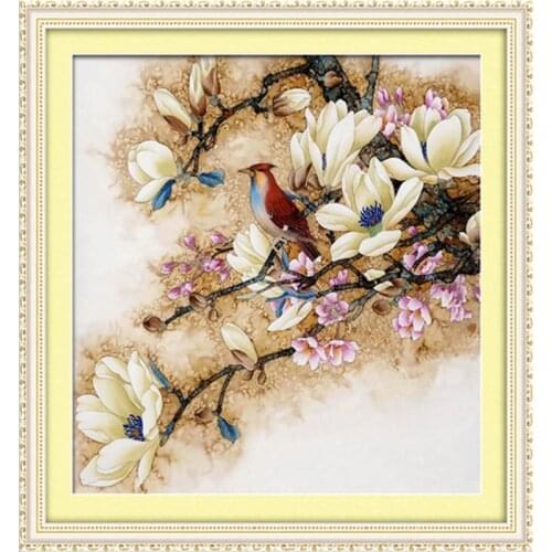 Needlework,DIY Cross stitch,Sets For Embroidery Kits,Precise Printed Magnolia and Bird Patterns Cross-Stitching Silk