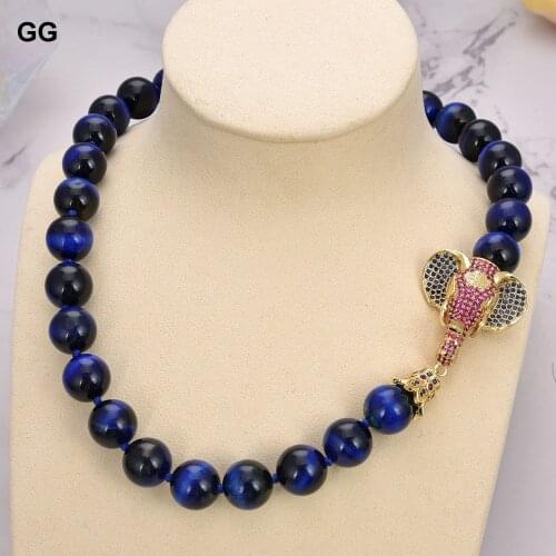 GuaiGuai Jewelry Natural 14mm Blue Tigers Eye Round Beads Colorful CZ Pave Elephant Necklace 19'' For Women